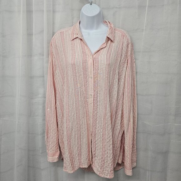 Jane + Delancey Pink White Striped Roll Tab Hi-low Blouse Beach Summer M - Picture 1 of 13